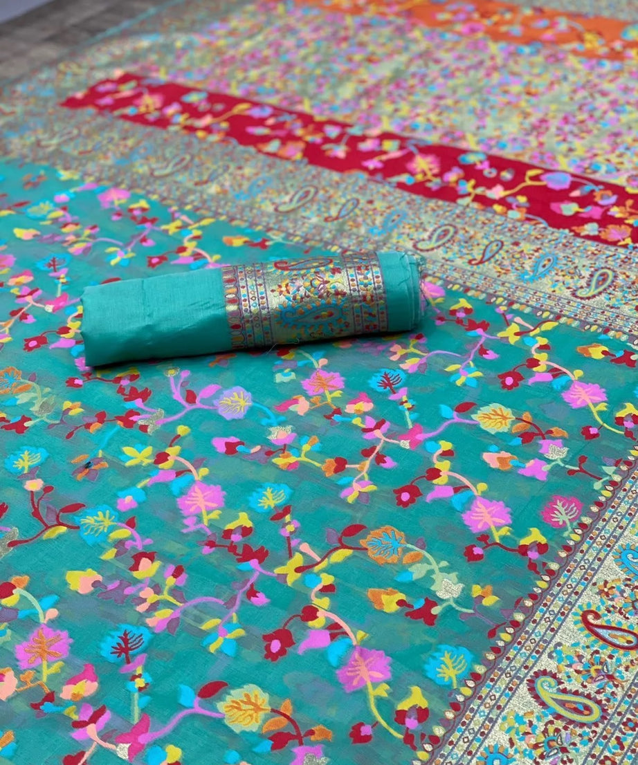 Kashmiri Silk Weaving Multiple Color Printed Sari & Blouse