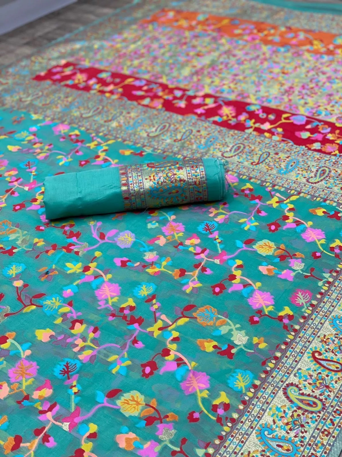 Kashmiri Silk Weaving Multiple Color Printed Sari & Blouse