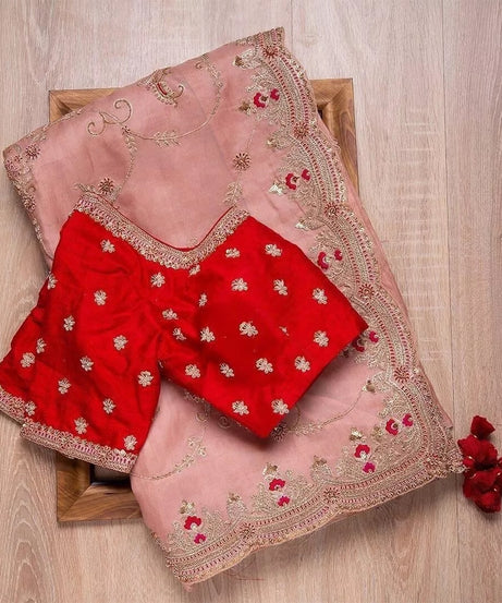 Heavy Satin Silk Fabric With Embroidery Thread Work Saree & Blouse