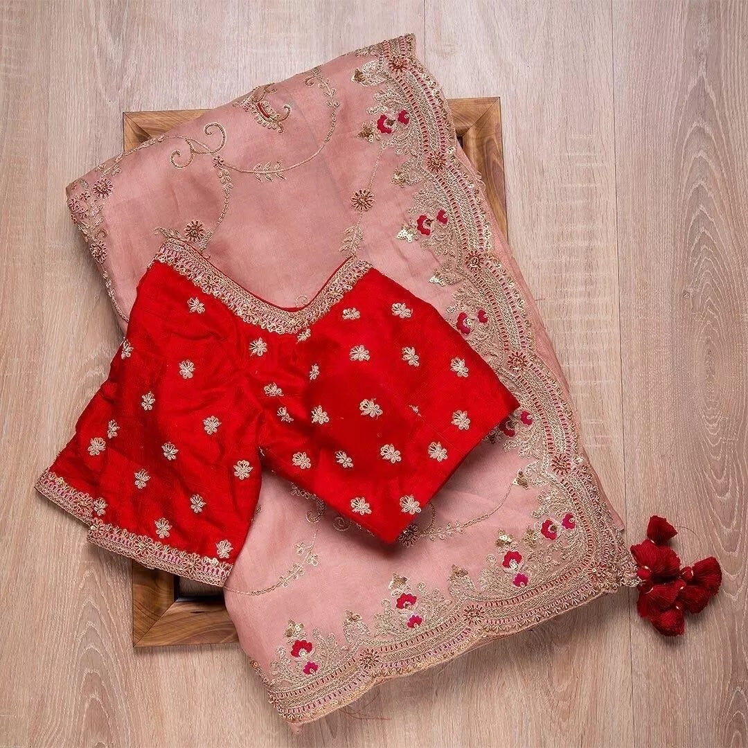 Heavy Satin Silk Fabric With Embroidery Thread Work Saree & Blouse