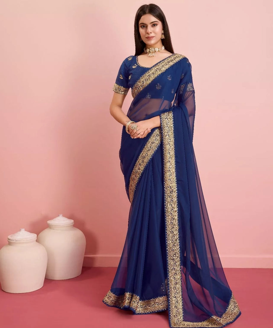 Tabby Silk Organza With Embroidery Lace Work Sari &  Blouse