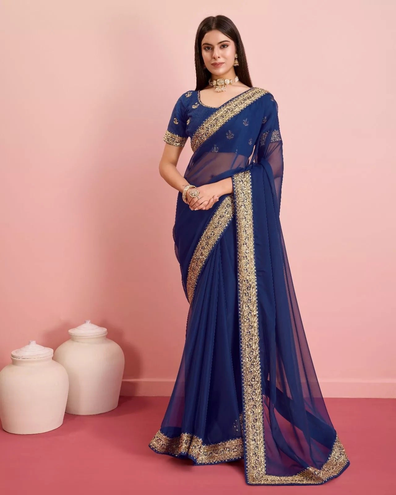 Tabby Silk Organza With Embroidery Lace Work Sari &  Blouse
