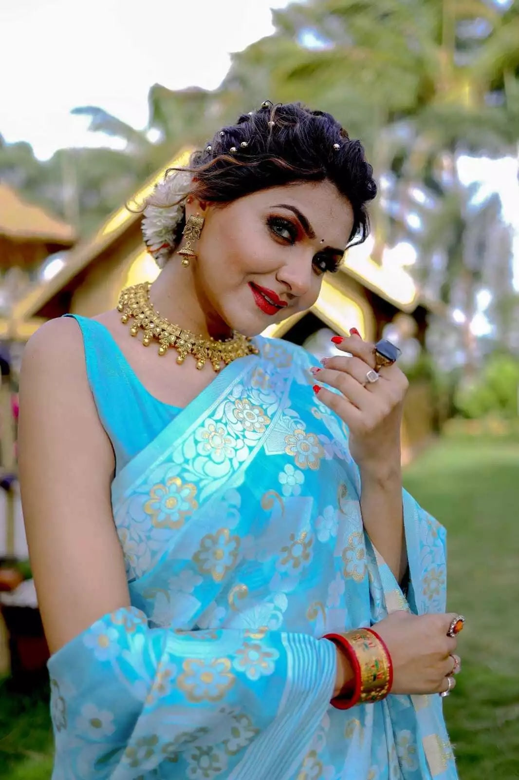 Soft Cotton Jamdani With Gold Zari Weaving Work  Sari & Blouse