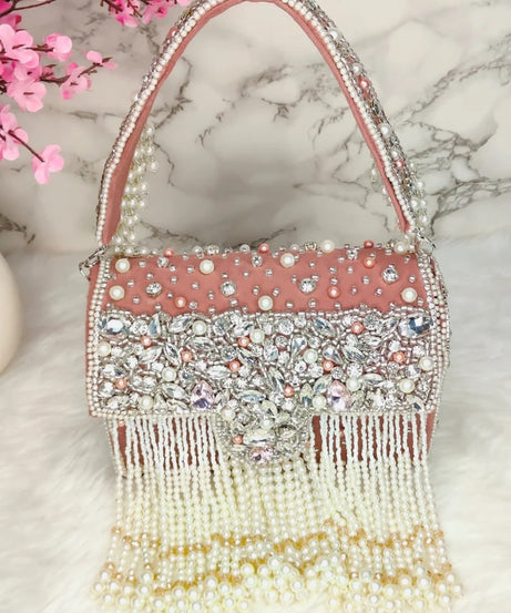 Designer Crystal and Pearl Work Flap Clutch