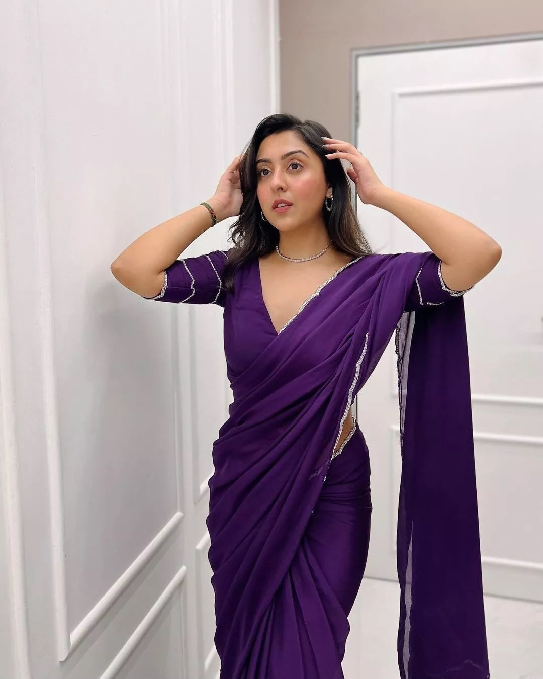 Soft Rich Elegant Chinon With Stone Bead Work Saree & Blouse