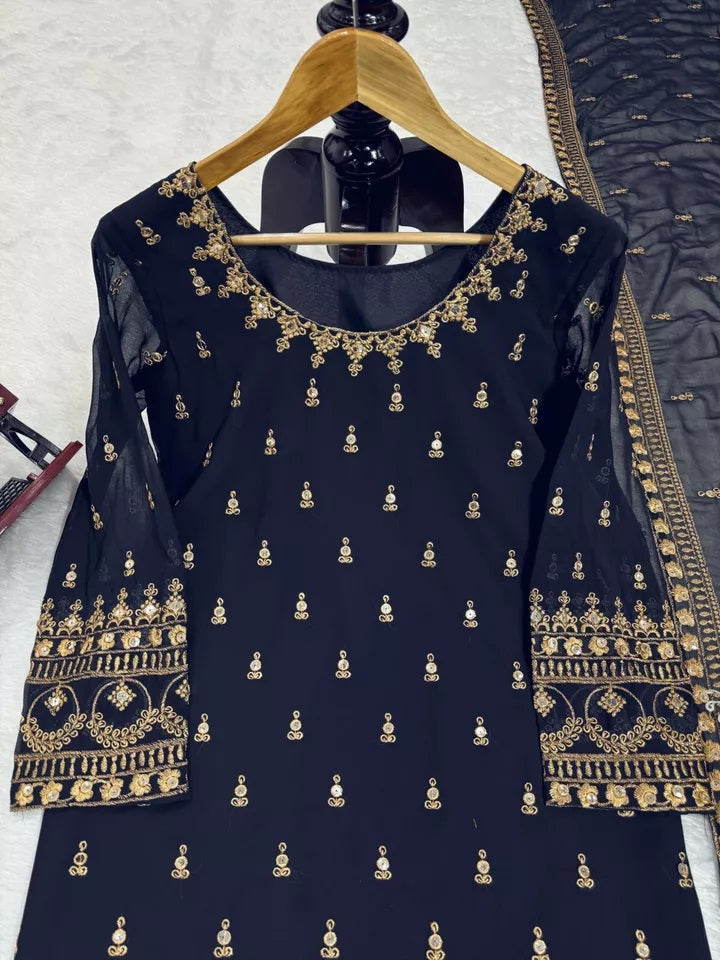 Faux Georgette With Thread & 9MM Sequence Work Top Palazzo & Duppata