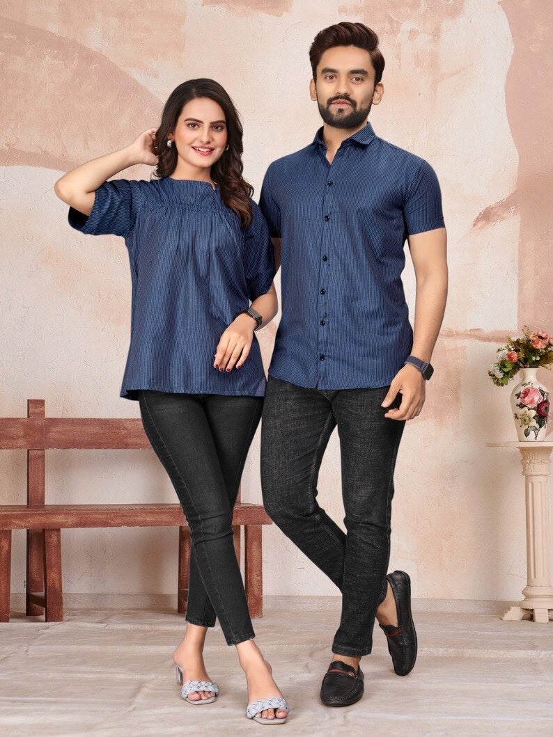 Pure Cotton Lining Pattern Tunic Top & Shirt Combo Set