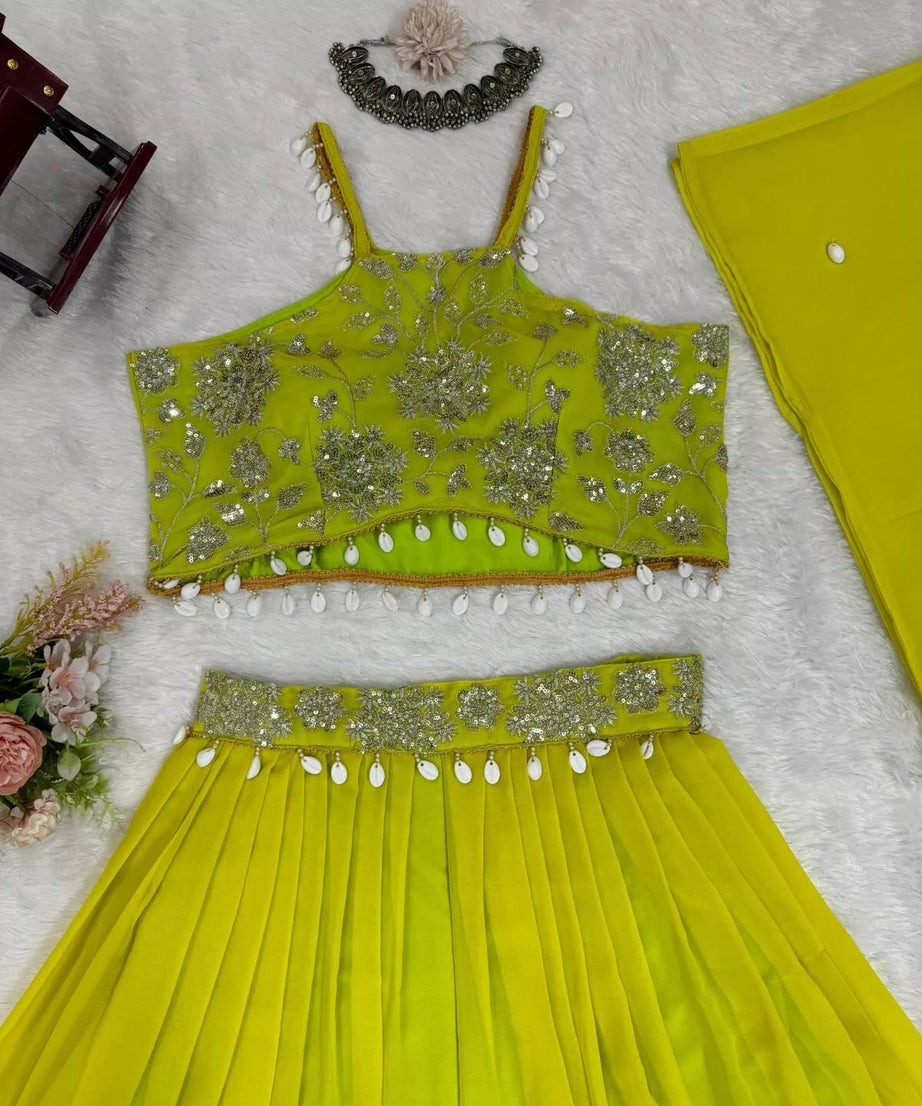 Georgette Sequence & Kodi Lace Border Choli Sharara With Koti