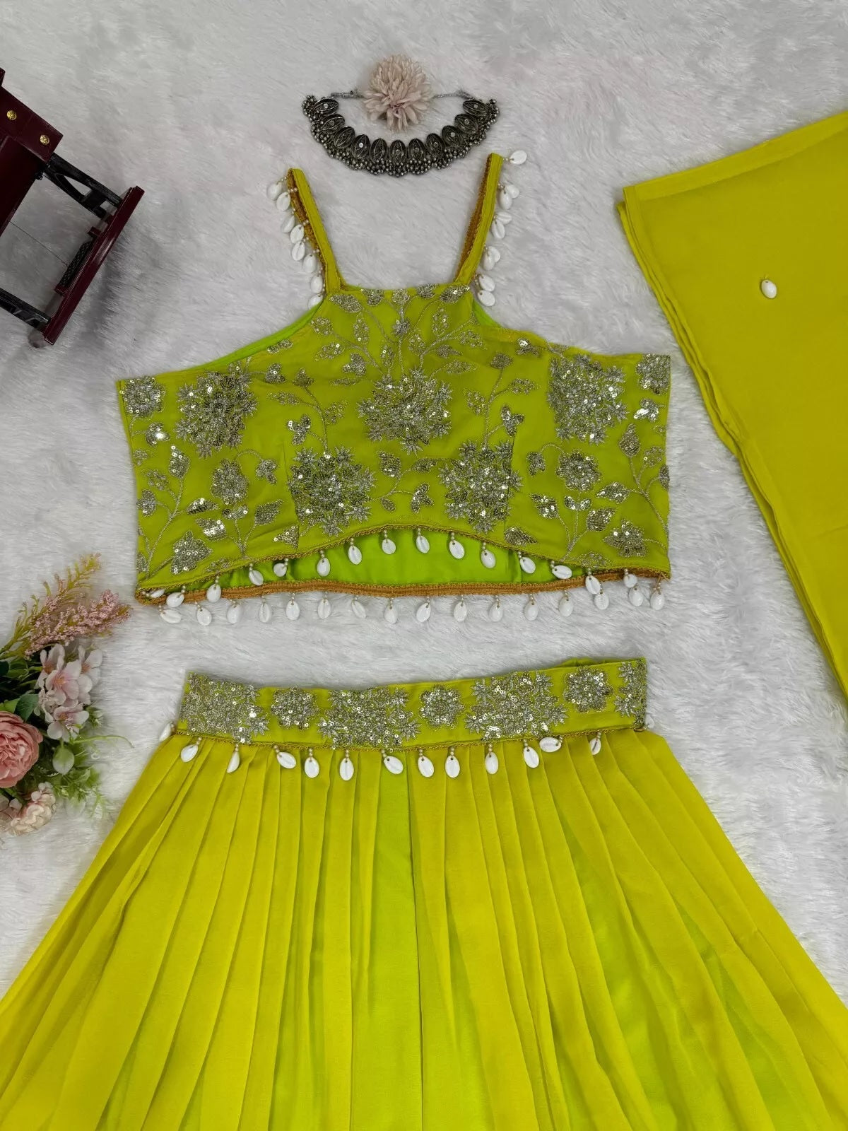 Georgette Sequence & Kodi Lace Border Choli Sharara With Koti
