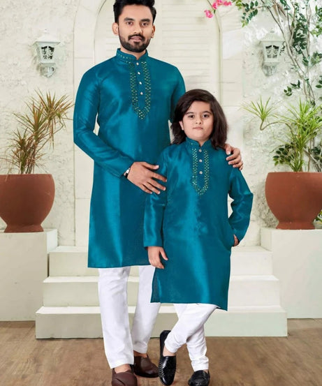 Silk Kurta Pajama Set For Men's & Kid's Combo Set