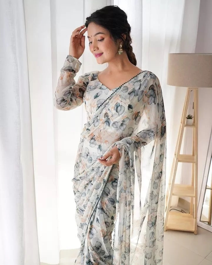 Premium Georgette With Fancy Lace Border Work Read To Wear Sari With Blouse