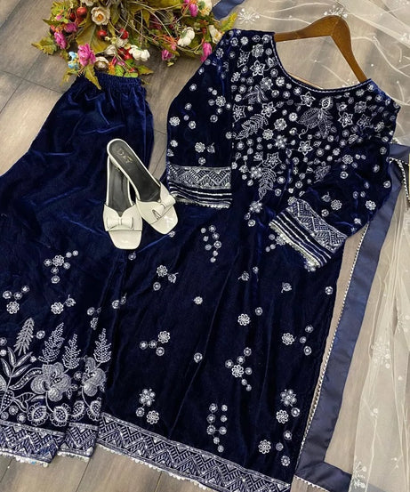 Ethnic Festival Collection Indian Stitched Viscose Velvet Top Pant Dupatta