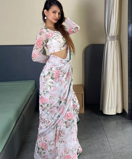 Pure Soft Georgette Silk Ready To Wear Sari With Blouse