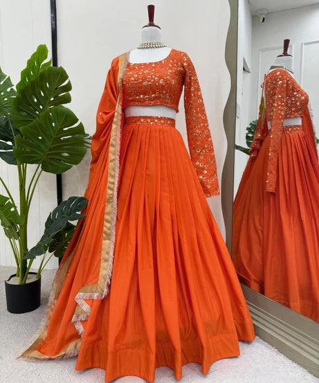Orange Bollywood Wedding American Silk Lehenga Blouse & Dupatta 15-RTC