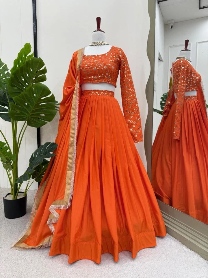 Orange Bollywood Wedding American Silk Lehenga Blouse & Dupatta 15-RTC