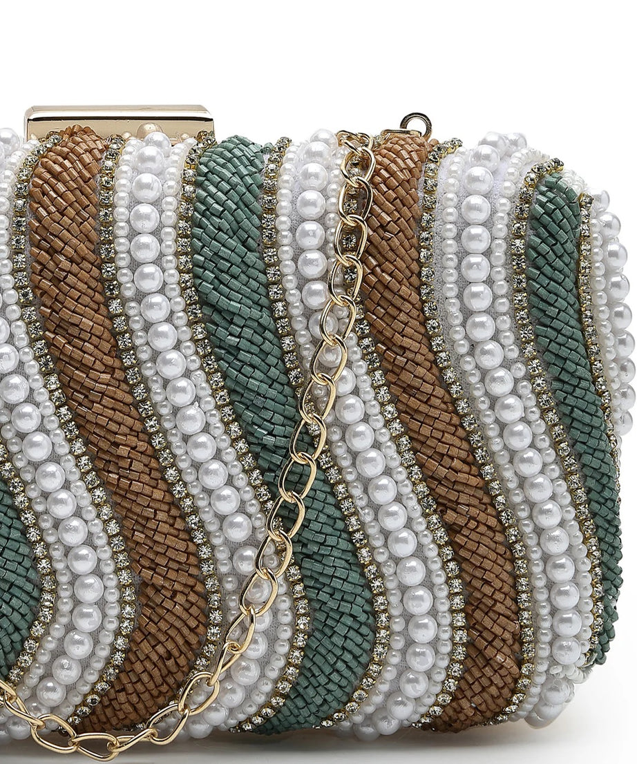 Adorn Wave Embellished Faux Silk Clutch