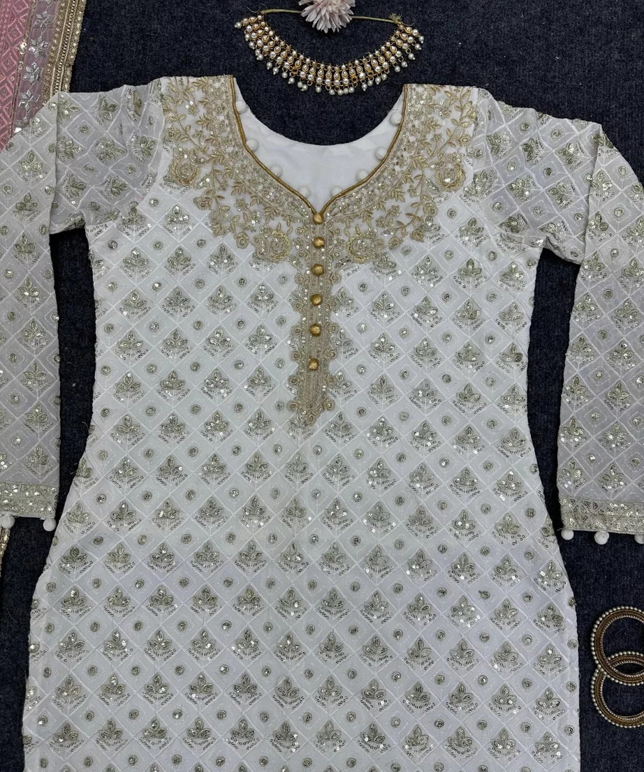 Faux Georgette Traditional Style Top Pant & Dupatta Set