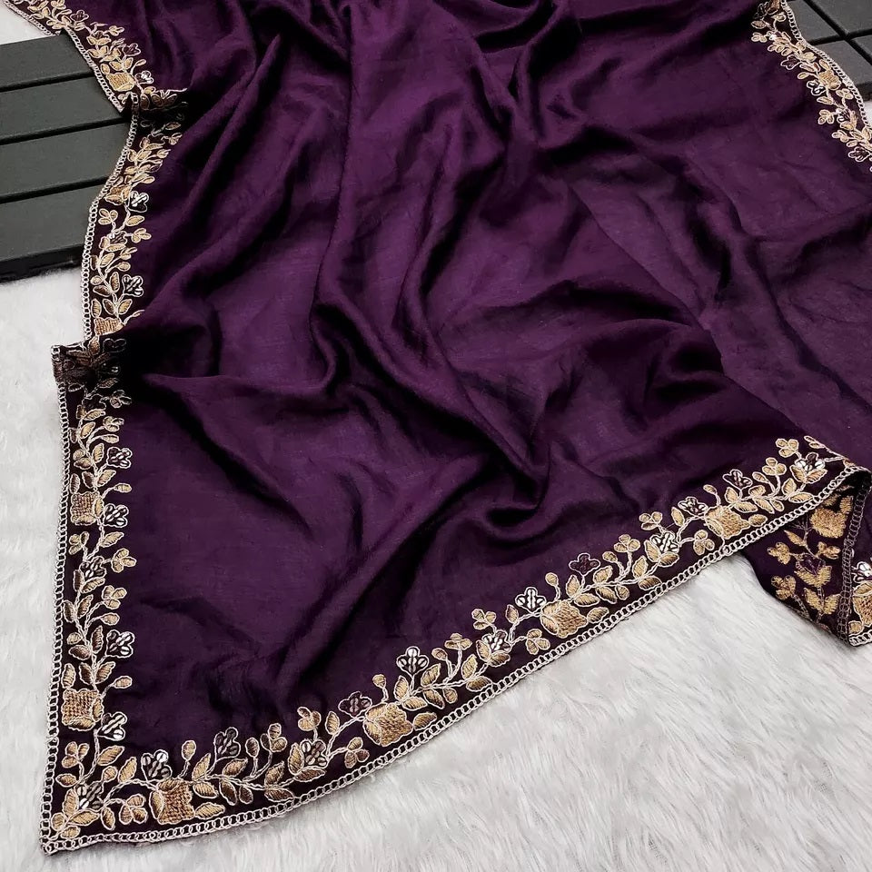 Two Tone Vichitra Silk  Multi Thread Embroidery Work Saree With Blouse