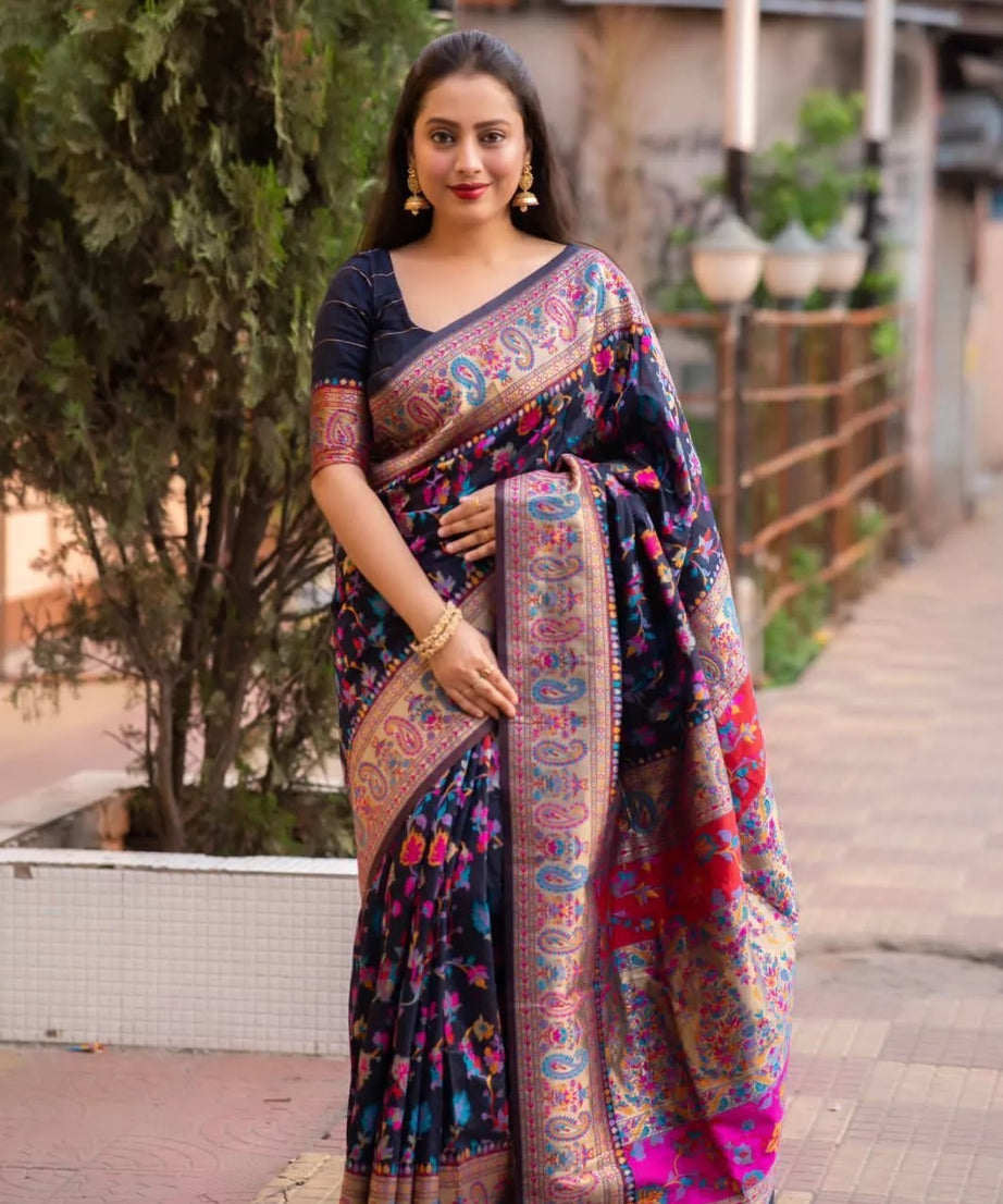 Kashmiri Silk Weaving Multiple Color Printed Sari & Blouse