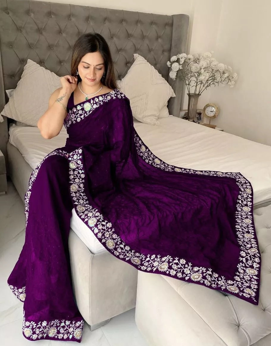 Georgette With Designer Floral Embroidery Work Sari & Blouse