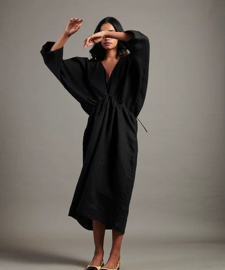 Linen Gathered Kaftan Dress