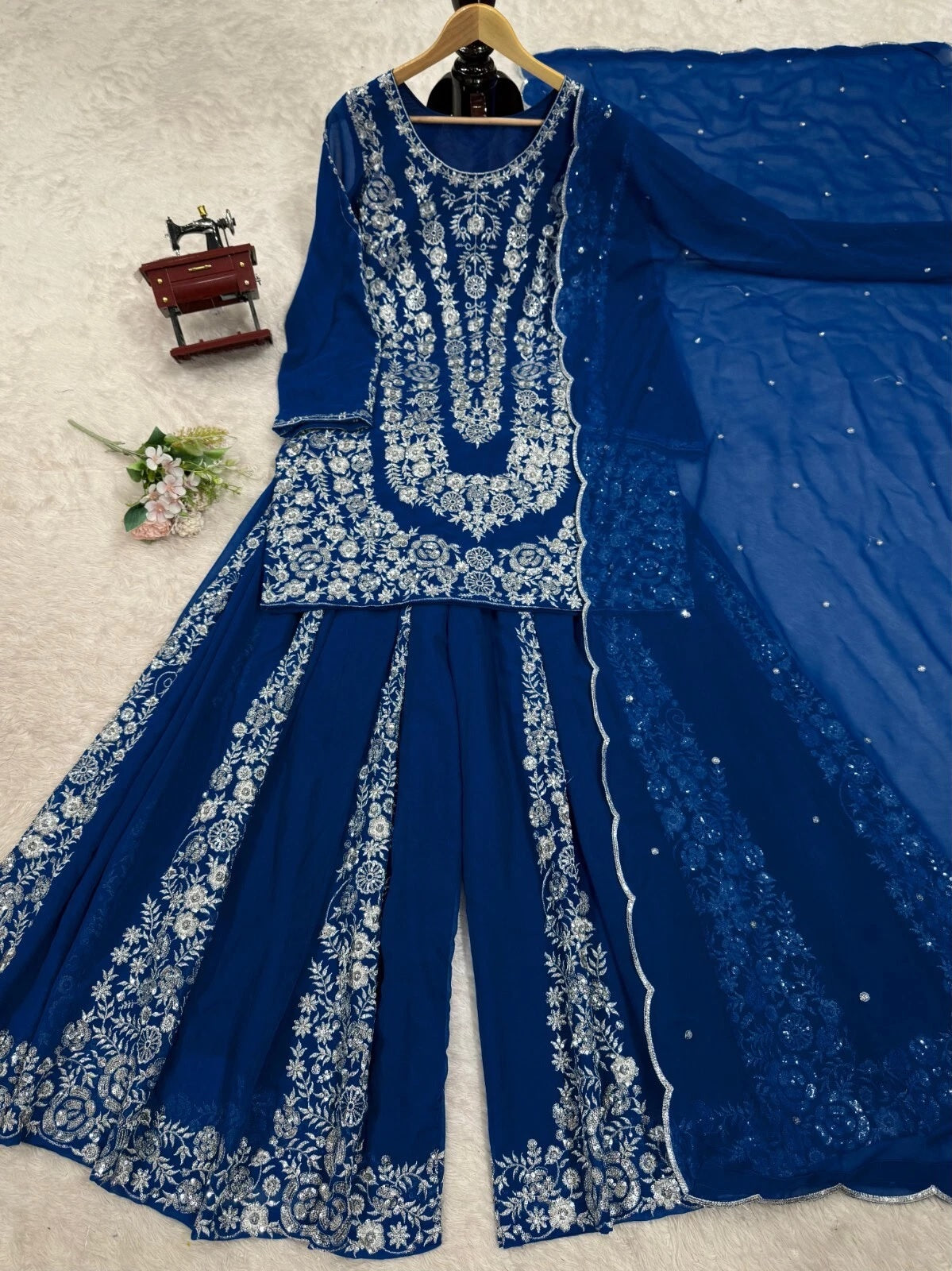 Full Stitched Faux Georgette Top Palazzo Dupatta