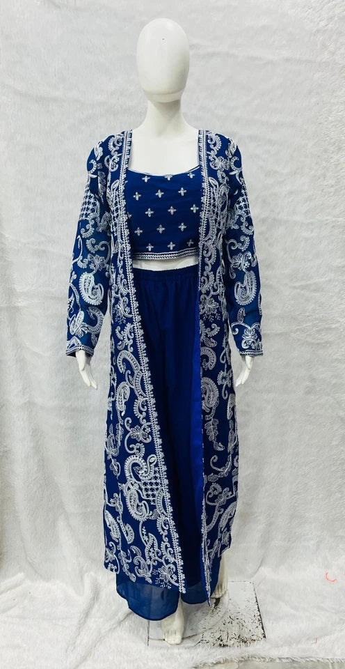 Faux Georgette With Designer  Embroidery Work Shrug - Palazzo & Blouse
