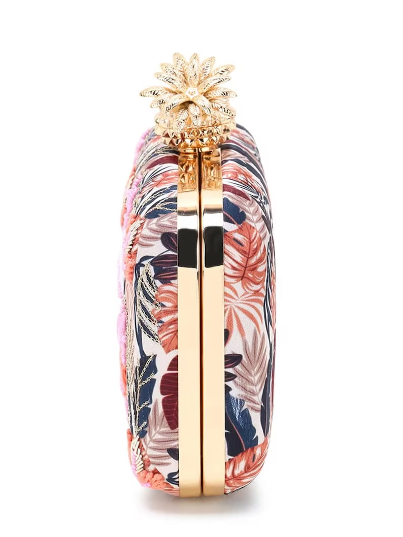New Printed Satin Botanical Embroidered Clutch