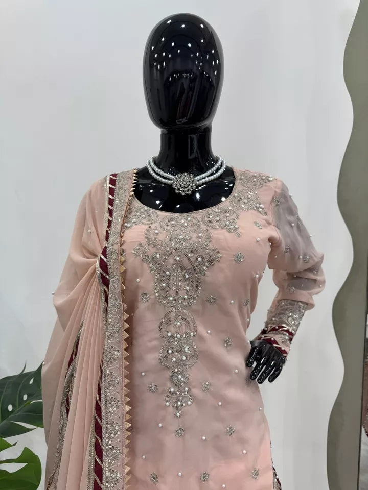 Indian Wedding Special Ethnic Stitched Faux Georgette Top Sharara Dupatta