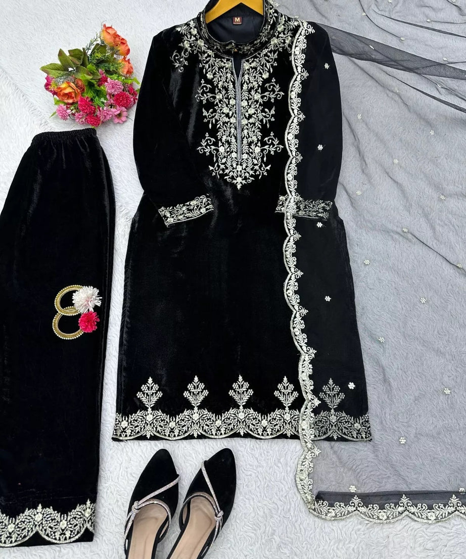 Velvet Fabric Sequence Work Top & Pant Dupatta