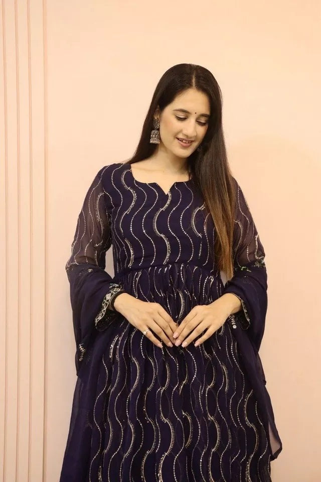 Ethnic Designer Stylish Stitched Faux Georgette Long Anarkali Gown Dupatta