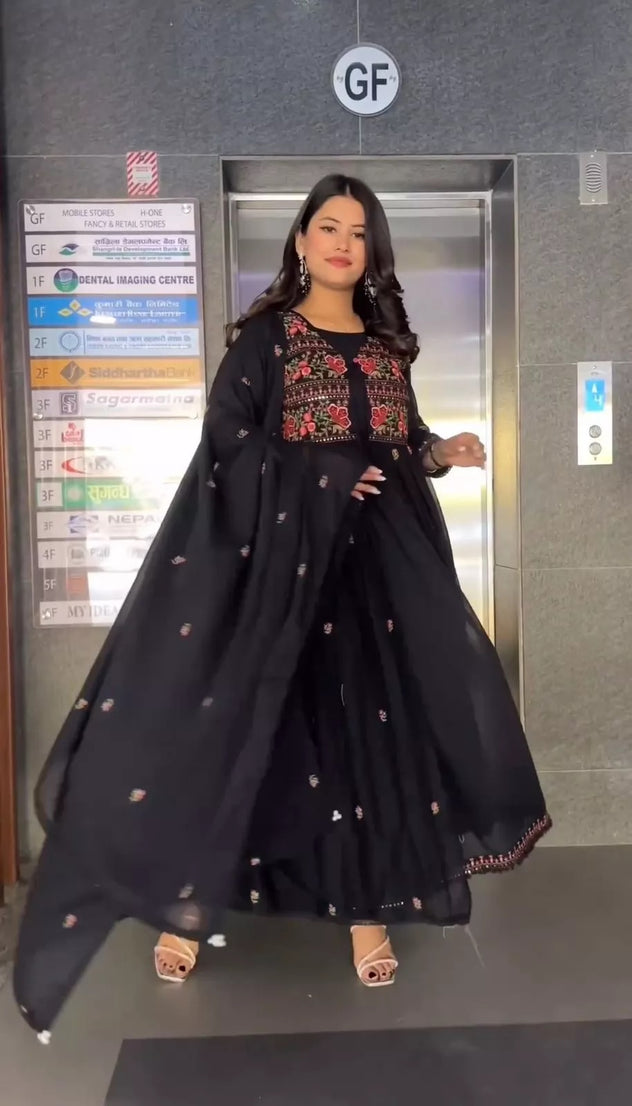 Faux Georgette Bollywood Full Stitched Kurti Shrug & Pant Dupatta