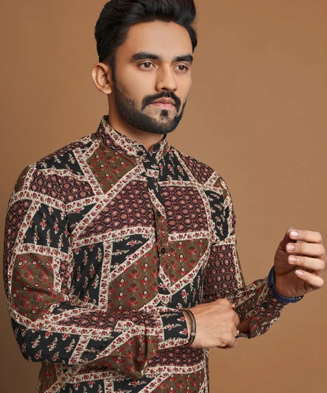 Men's Soft Cotton Foil Print Designer Kurta Pajama Set