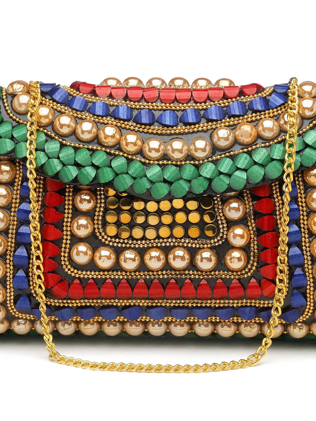 Mosaic Stone Work Embellished Metal Clutch