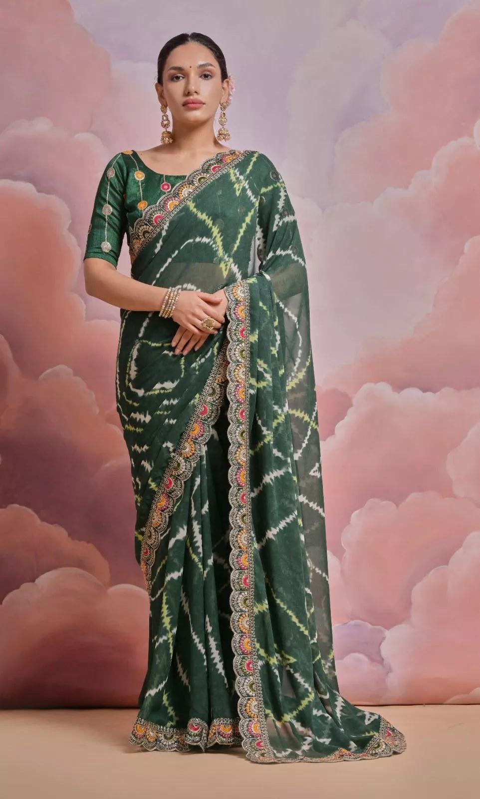 Soft Georgette Sari With Bhandhej Print And Designer Sari & Blouse
