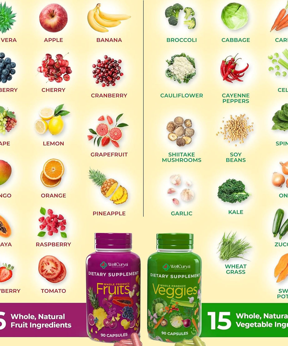 WELLCURYA Natural Fruits & Veggies Supplement – 90 Capsules for Daily Nutrition & Wellness