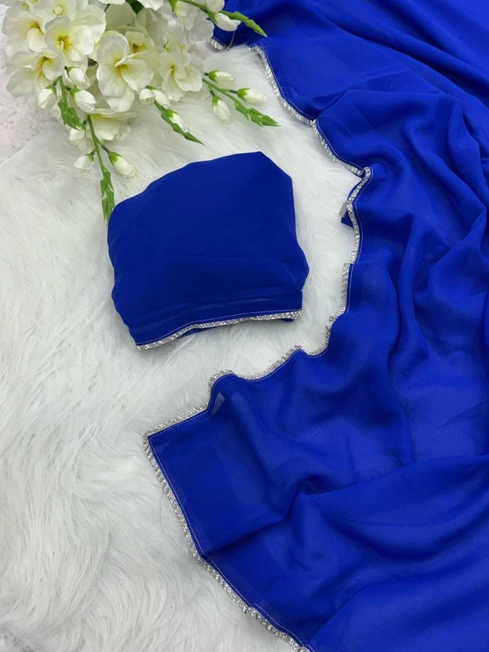 Blue Classic Faux Georgette Bloomming Saree With Blouse