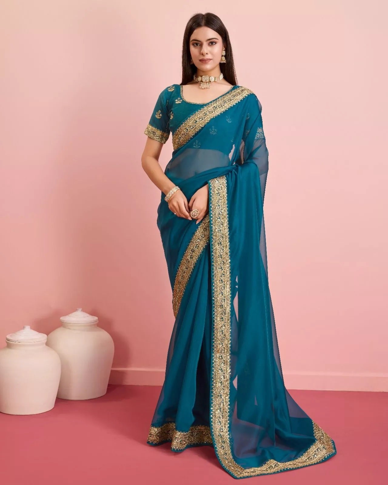 Tabby Silk Organza With Embroidery Lace Work Sari &  Blouse