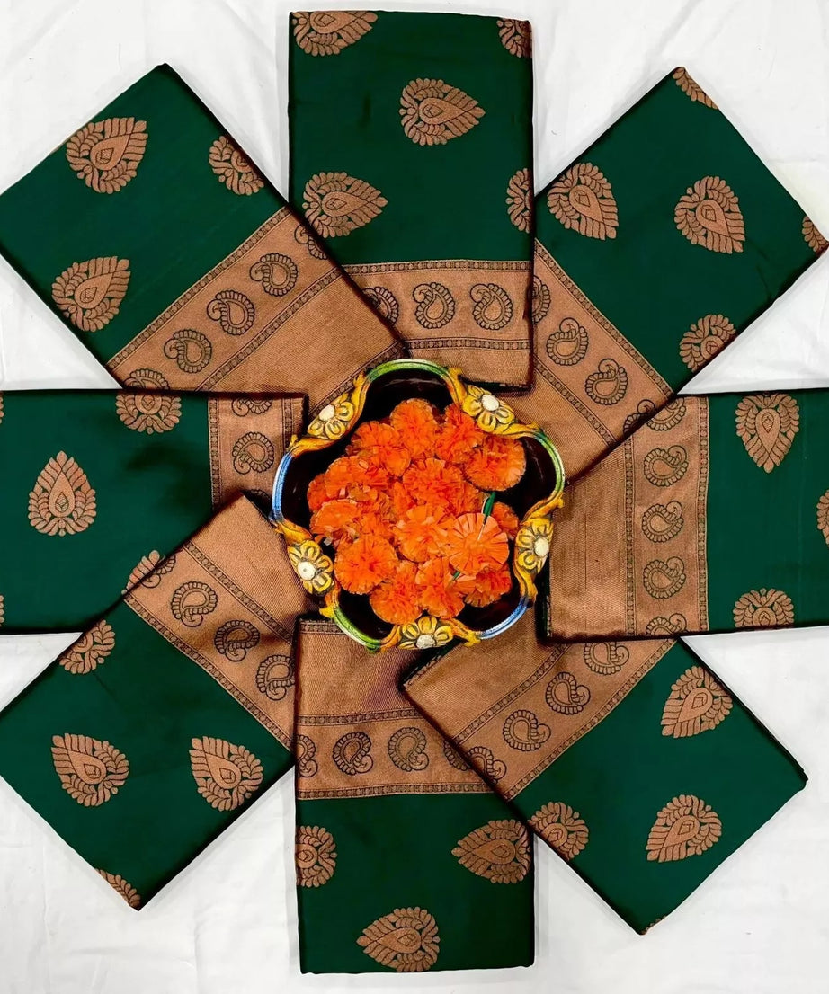 Dark Green Soft Lichi Silk Indian Beautiful Saree Blouse