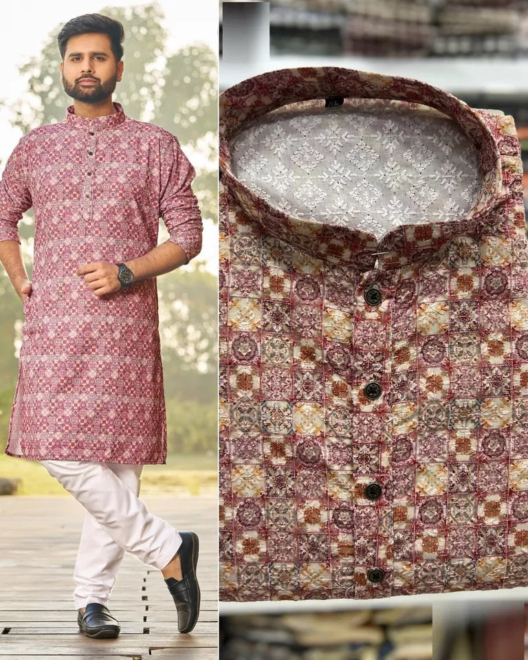 Men's FullStitched Heavy Rayon Schiffli Work Bollywood Kurta Pajama