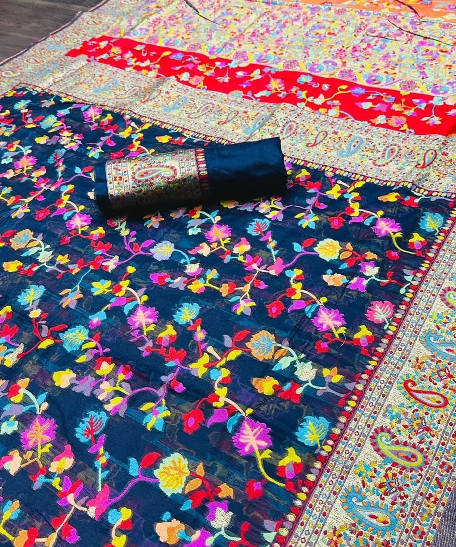 Kashmiri Silk Weaving Multiple Color Printed Sari & Blouse