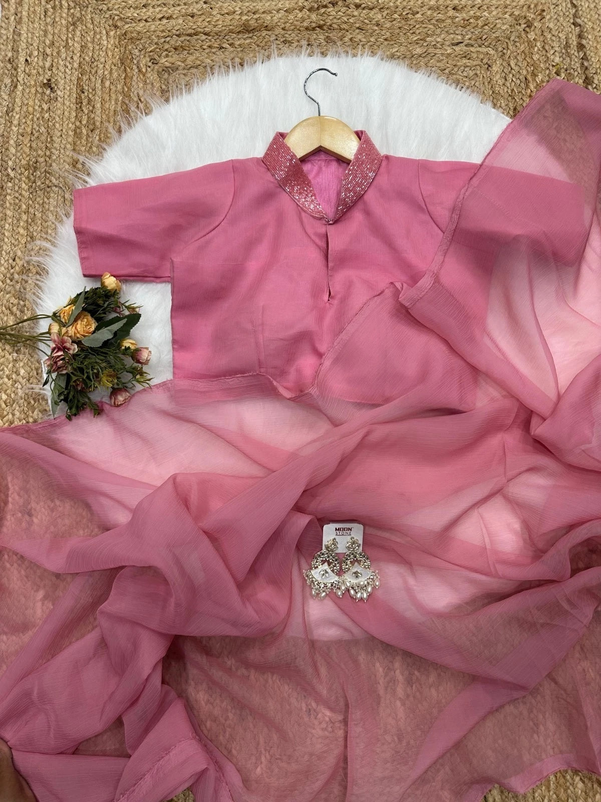 Fancy Soft Pure Chiffon Pink Beautiful Saree With Blouse