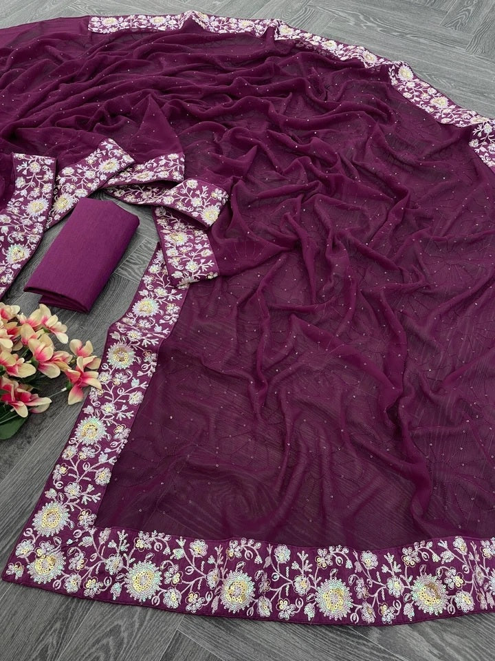 Women's  Beautiful Georgette Festival Wedding Wear Saree & Blouse 11-JR