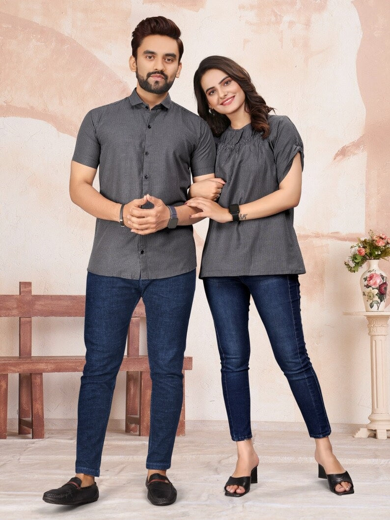 Pure Cotton Lining Pattern Tunic Top & Shirt Combo Set