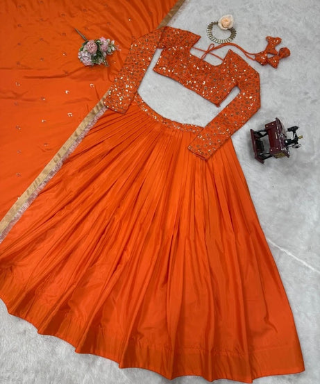 Orange Bollywood Wedding American Silk Lehenga Blouse & Dupatta 15-RTC