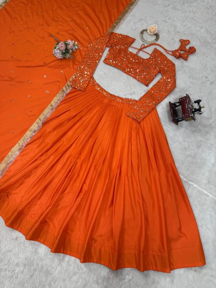 Orange Bollywood Wedding American Silk Lehenga Blouse & Dupatta 15-RTC