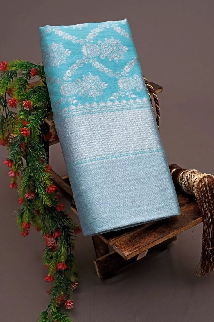 Sky Blue Latest Designer Exclusive Wedding Saree With Blouse