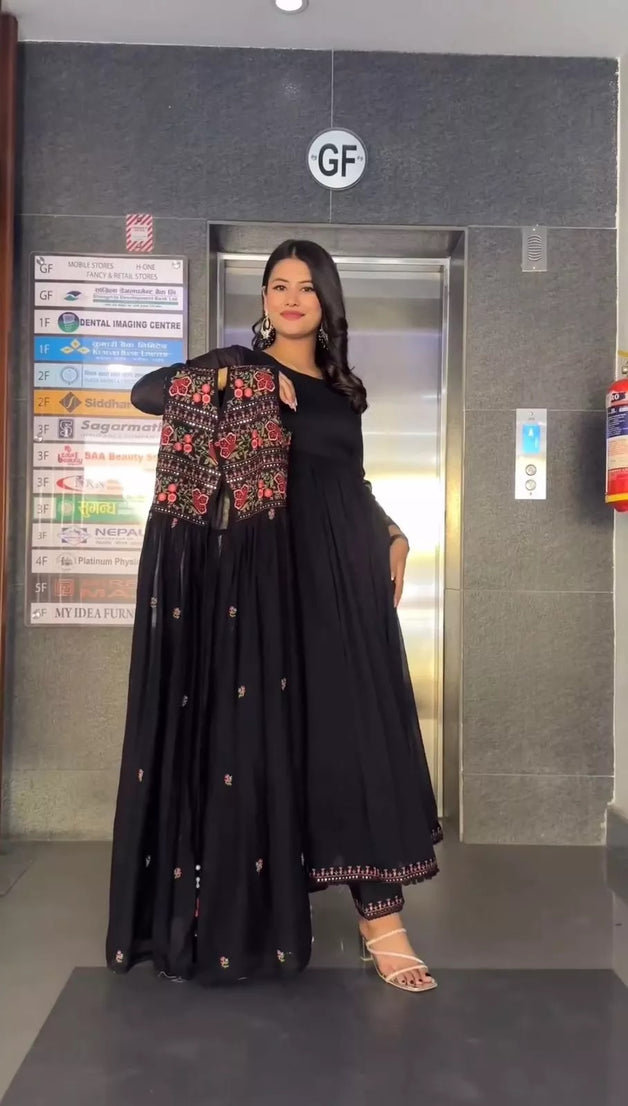 Faux Georgette Bollywood Full Stitched Kurti Shrug & Pant Dupatta