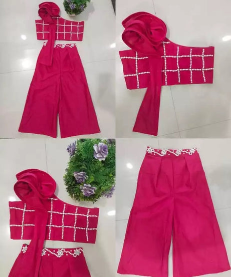 Elegant Bright Pink Cotton Palazzo and One-Shoulder Top Set