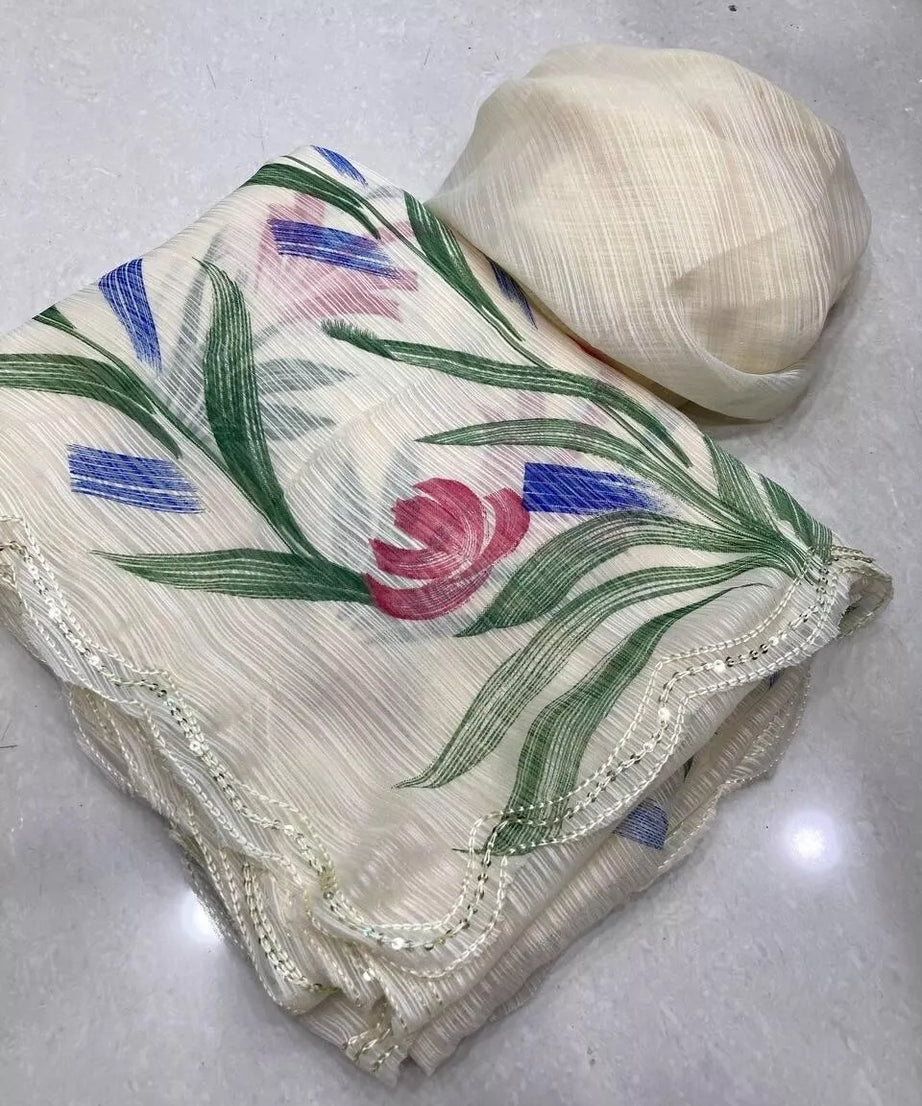 Indian Ethnic Wear Moss Chiffon Saree With Blouse, Traditional Sari